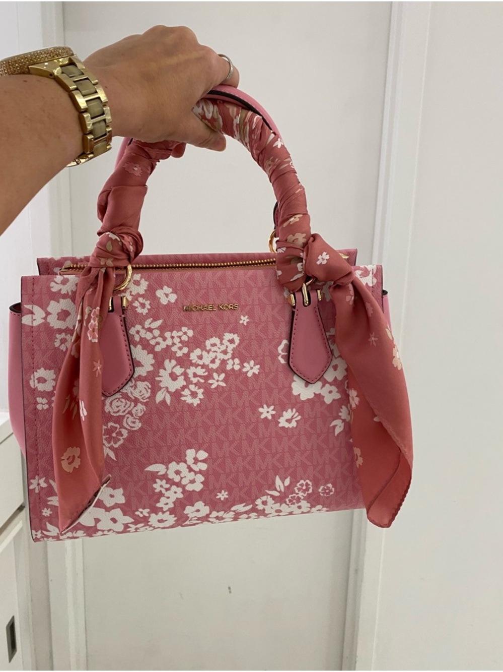 Michael Kors Pink Floral Satchel with Scarf-Wrapped Handles